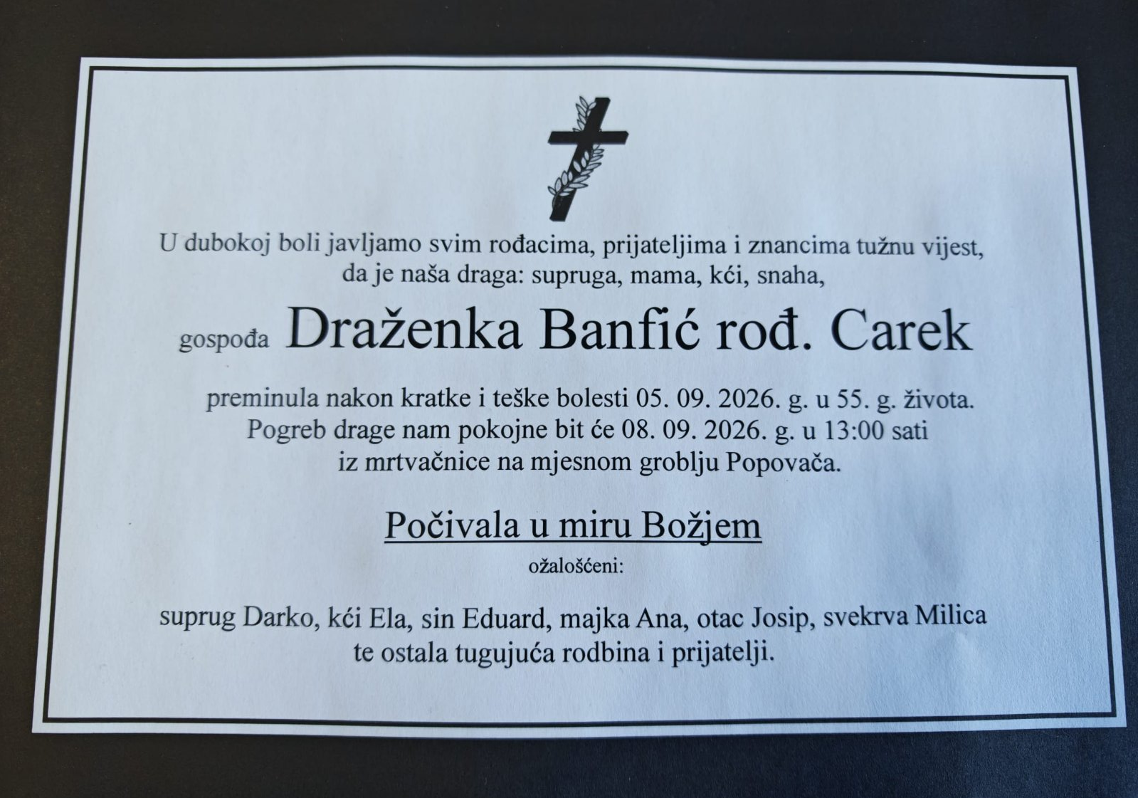 Obavijest o smrti - Draženka Banfić rođ. Carek