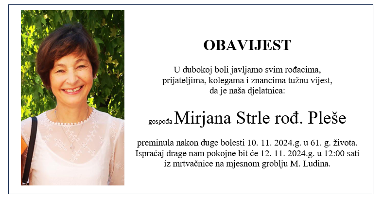 OBAVIJEST O SMRTI - MIRJANA STRLE