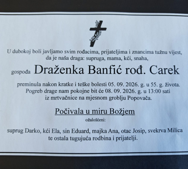 Obavijest o smrti - Draženka Banfić rođ. Carek