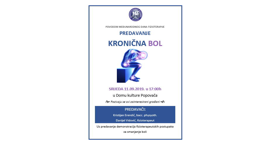 Poziv na predavanje Kronična bol u Domu Kulture Popovača 11.09.2019.